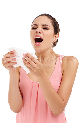 Buy stock photo Sick, sneeze and woman on a white background with allergies, sore throat and chest infection. Sickness, healthcare and isolated person with tissue for illness, pain and asthma symptoms in studio