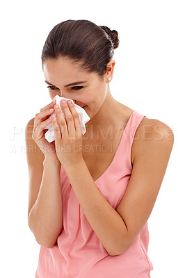 Buy stock photo Tissue, sneeze and woman on a white background with allergies, cold and chest infection. Sickness, healthcare and isolated person with napkin for illness, blowing nose and symptoms in studio