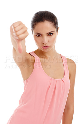 Buy stock photo Woman, portrait and thumbs down for review, feedback or vote with disappointment or wrong on white background. Hand gesture, no way or dislike emoji with opinion, problem or fail sign in studio