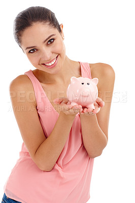 Buy stock photo Portrait, piggy bank and happy woman in studio for budget, finance or investment. Face, smile and person with money box for savings, income or security of future profit isolated on a white background