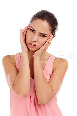 Buy stock photo Headache, pain and portrait of woman on a white background with stress, anxiety and worry. Health, fatigue and upset isolated person massage temple for burnout, frustrated and migraine in studio