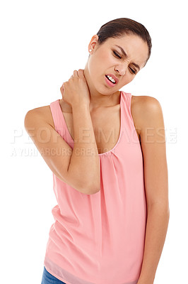 Buy stock photo Woman, neck pain and injury with stress or tired in studio, health and massage for relief on white background. Muscle tension, pressure or inflammation with accident, fibromyalgia and body ache