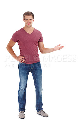 Buy stock photo Portrait, man and hand pointing in studio with mockup for announcement, deal or offer on white background. Space, news and male model show sign up, promotion or competition prize, giveaway or info