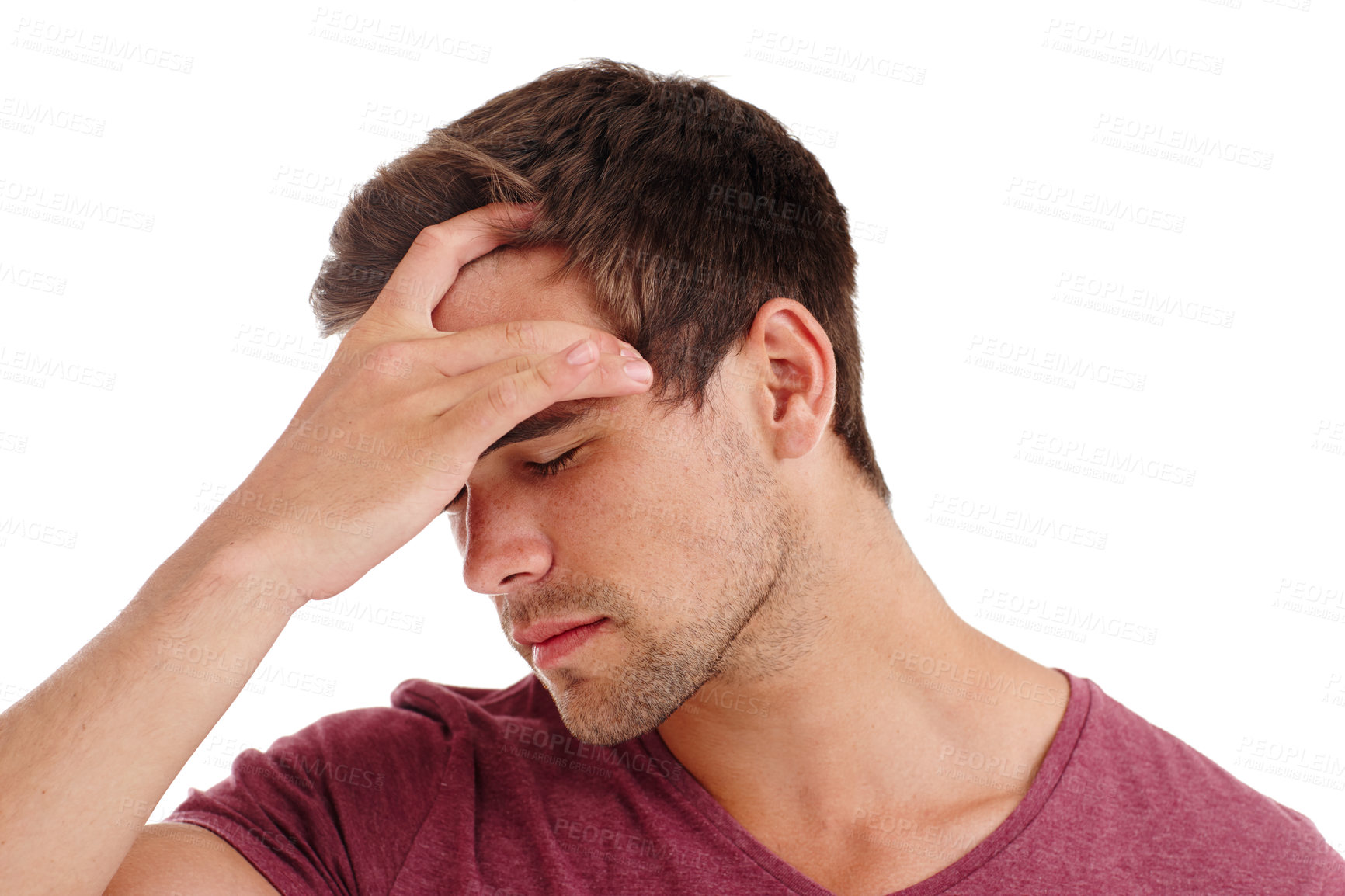 Buy stock photo Headache, stress and man in studio with vertigo, tension or mental health crisis on white background. Anxiety, migraine and dizzy model overthinking mistake, fail or brain fog, conflict or disaster