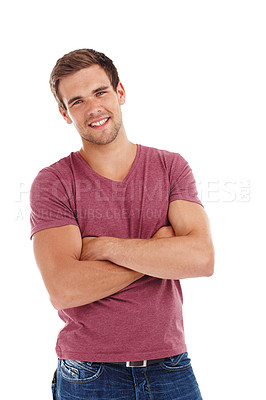 Buy stock photo Fashion, portrait or happy man in studio with arms crossed confidence, style or easy personality on white background. Clothes, face or guy model smile in casual, cool or trendy, edgy or outfit choice