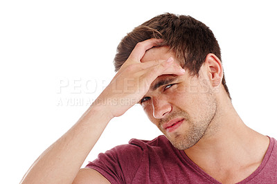 Buy stock photo Headache, stress or man face in studio for vertigo, tension or mental health crisis on white background. Anxiety, migraine or dizzy model overthinking mistake, fail or brain fog, conflict or disaster