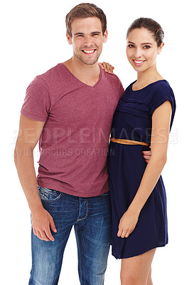 Buy stock photo Portrait, love and happy couple hug in studio with care, support or trust while bonding on white background. Smile, face and people embrace with safety, security and loyalty, romance and gratitude