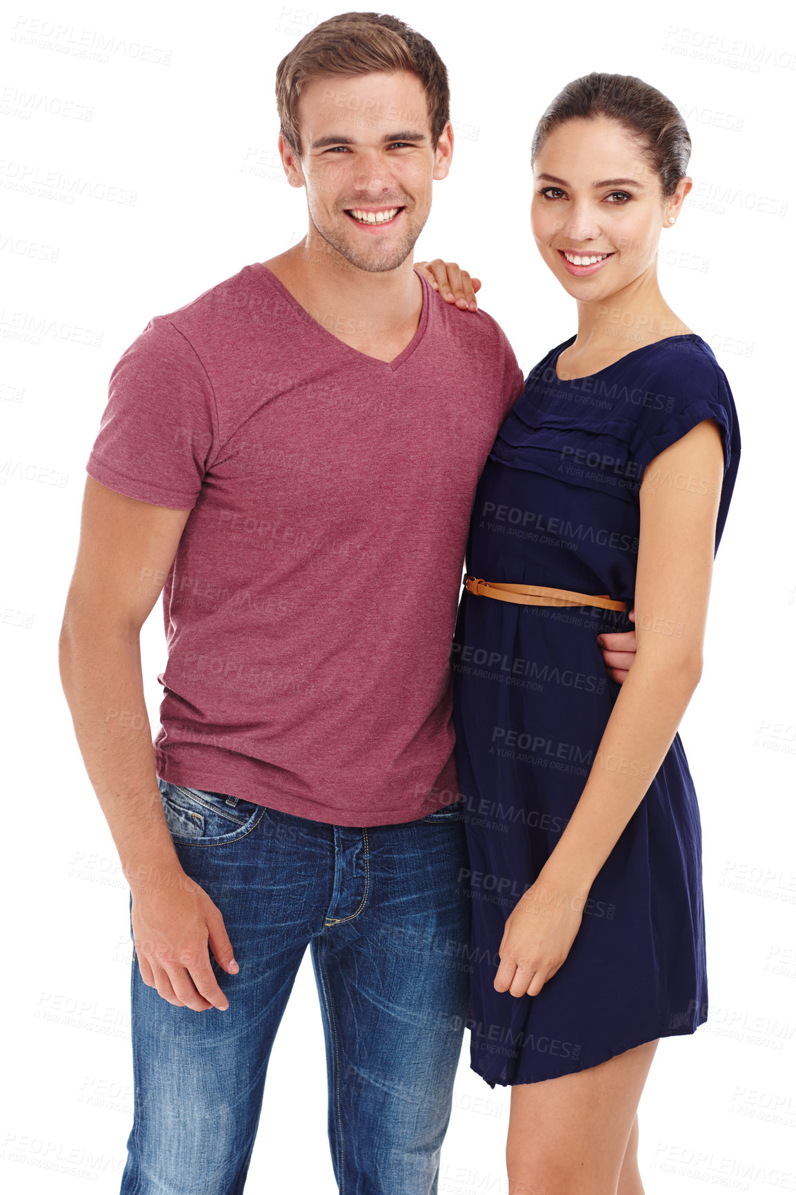 Buy stock photo Portrait, love and happy couple hug in studio with care, support or trust while bonding on white background. Smile, face and people embrace with safety, security and loyalty, romance and gratitude