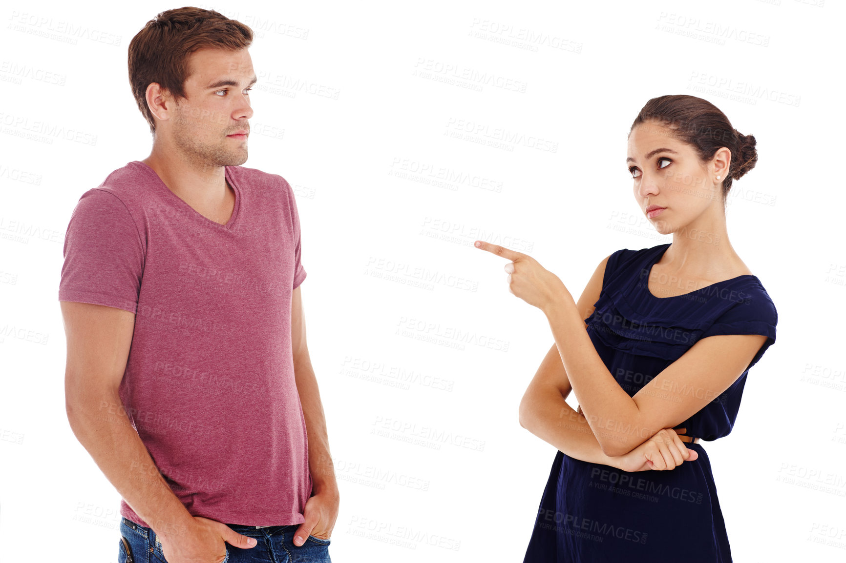 Buy stock photo Cropped shot of a gorgeous young couple arguing while standing in a studio-isolated on white