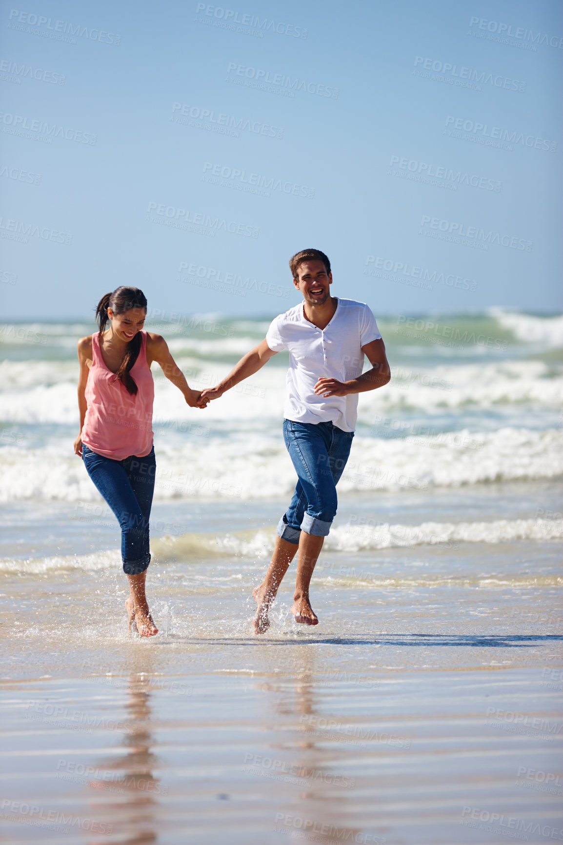 Buy stock photo Love, holding hands and couple at the beach running for adventure, fun or bonding in nature. Ocean, water and people at sea with energy, freedom or romance on travel, journey or vacation in Florida