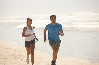 Buy stock photo Cardio, beach and running with couple, fitness and summer with wellness and practice with morning routine. Seaside, energy or man with woman or runner with training and ocean with exercise or workout