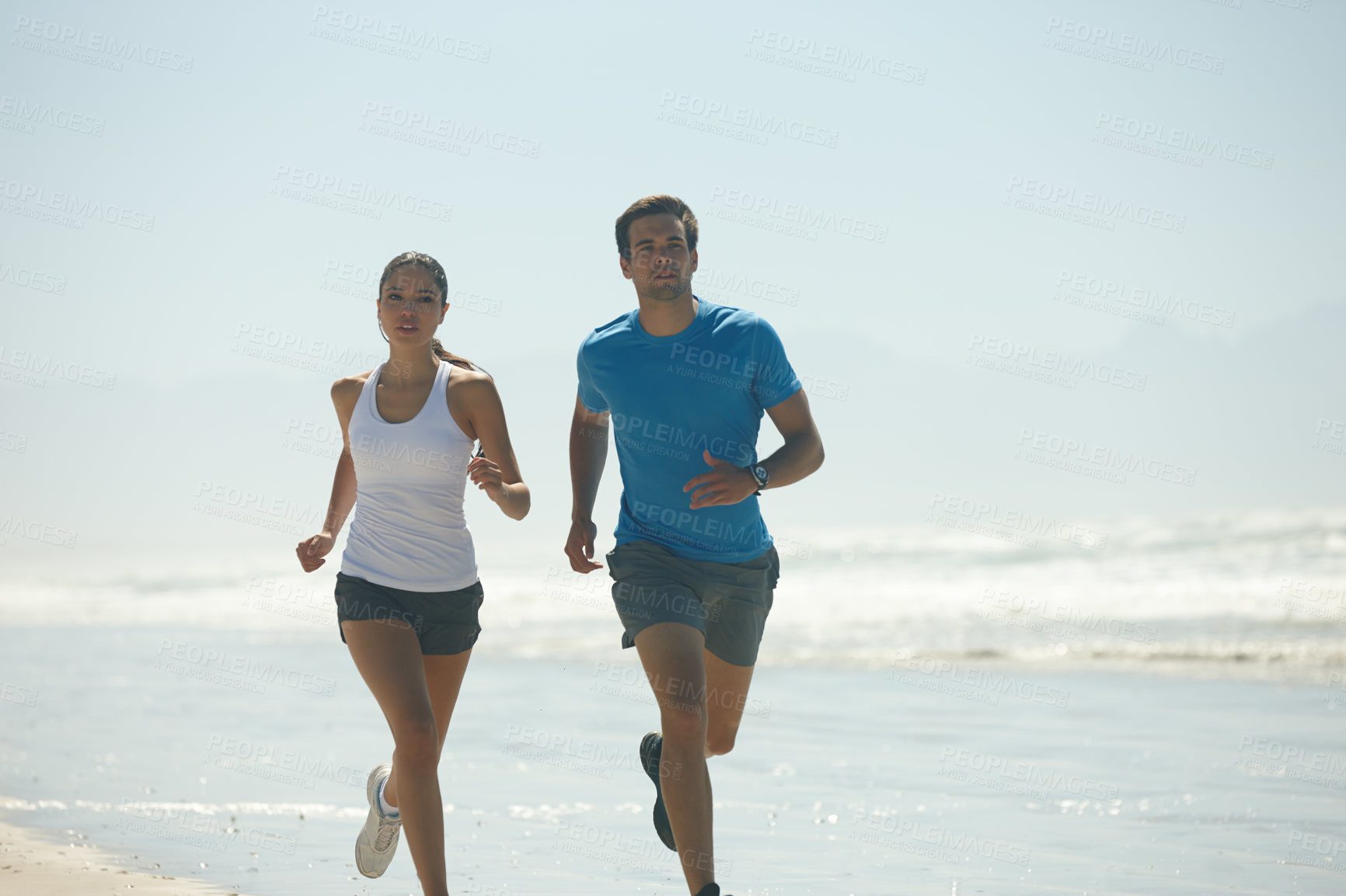 Buy stock photo Cardio, beach and running with couple, training and summer with wellness and workout with morning routine. Seaside, energy or man with woman or runner with fitness and ocean with exercise or hobby