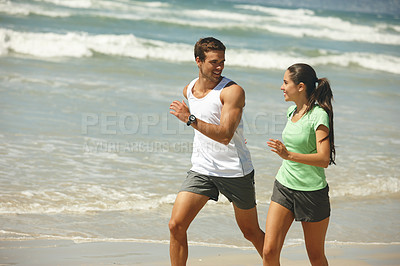 Buy stock photo Cardio, beach and running with couple, energy and summer with wellness and workout with morning routine. Seaside, sunshine or man with woman or runner with training and ocean with exercise or active