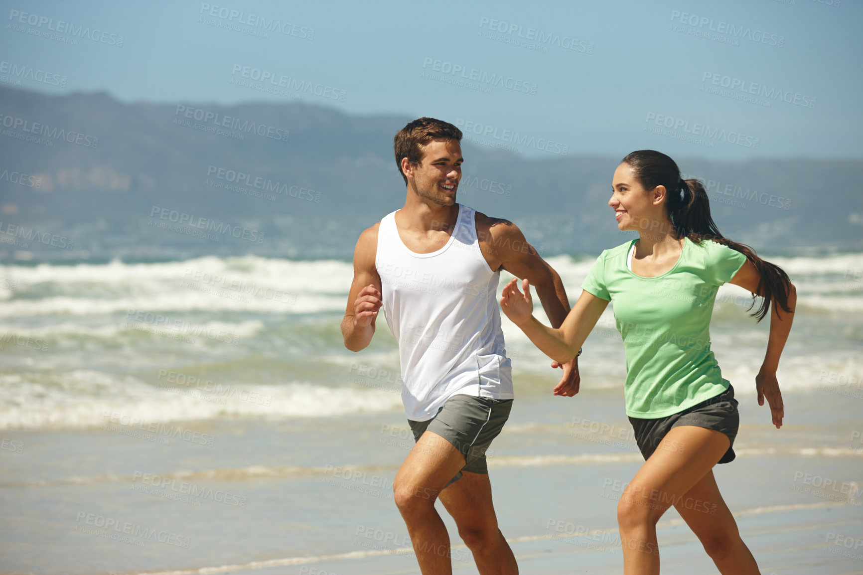 Buy stock photo Training, beach and running with couple, fitness and summer with wellness or practice with morning routine. Seaside, energy or man with woman or runner with hobby or activity with exercise or workout