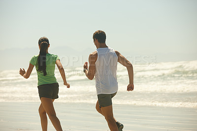 Buy stock photo Back, beach and running with couple, fitness and summer with wellness and training with morning routine. Seaside, energy and man with woman and runner with cardio and ocean with exercise and workout