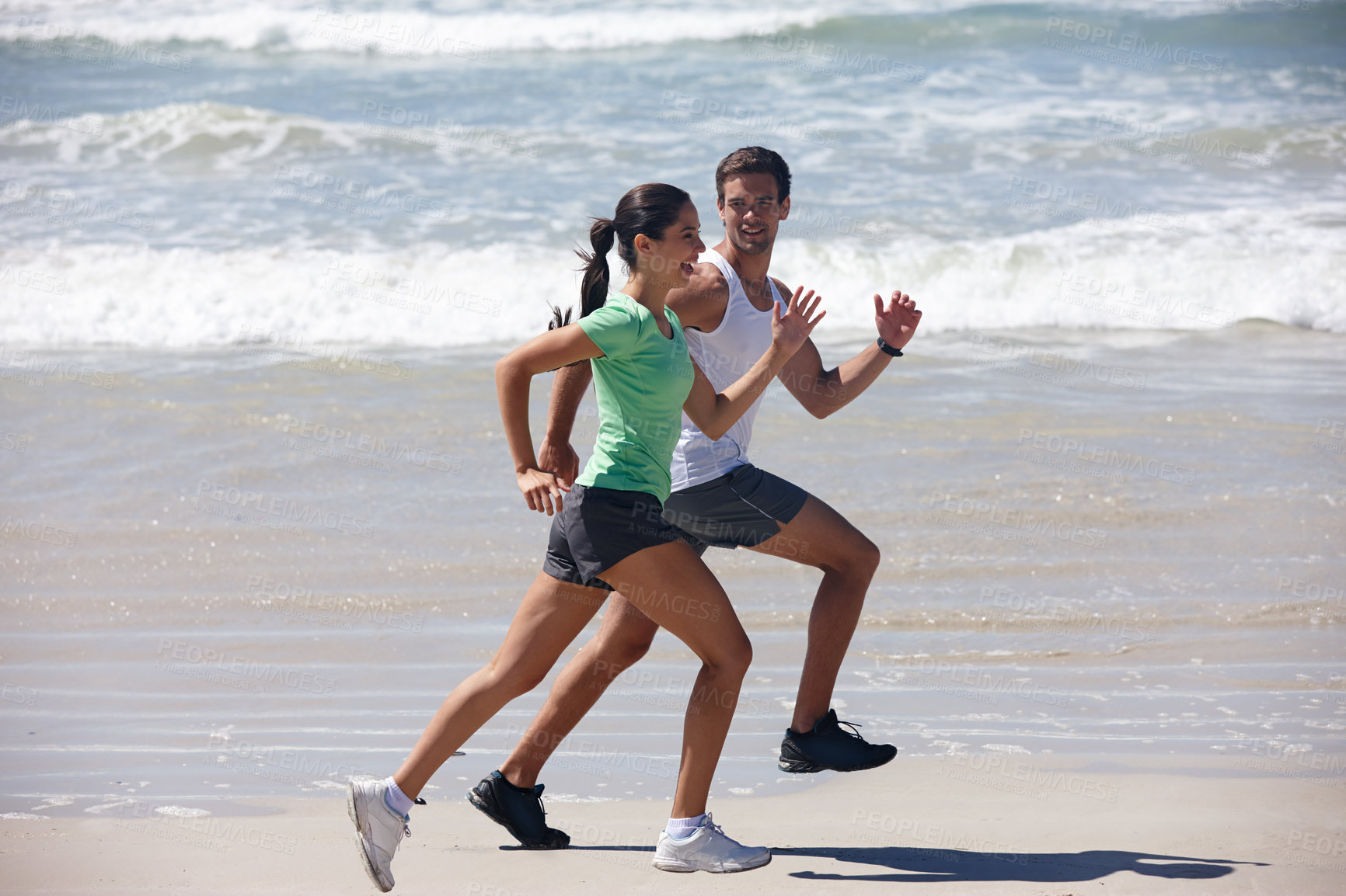 Buy stock photo Training, beach and running with couple, energy and summer with wellness and practice with morning routine. Seaside, cardio or man with woman or runner with hobby and ocean with exercise or workout