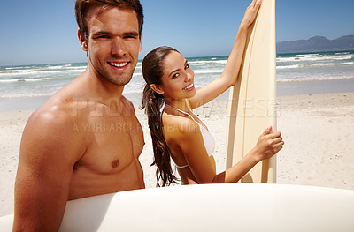 Buy stock photo Happy, portrait and couple with surfboard at the beach with love and water sport on holiday in summer. Surfing, sea and vacation with smile and bonding by waves with travel in Miami with people