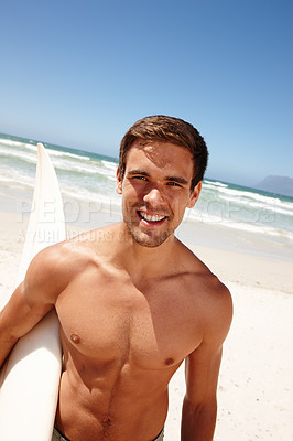 Buy stock photo Man, ocean and surfboard for surfing or portrait with happiness, adventure and fitness with blue sky. Tourist, person and surfer by beach in morning for holiday, vacation and freedom in California