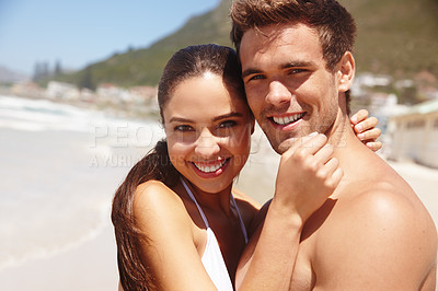 Buy stock photo Smile, portrait and couple hug at the beach with love, trip and support on holiday in summer. Break, sea and vacation with happy and bonding by water with travel in Miami with people on honeymoon