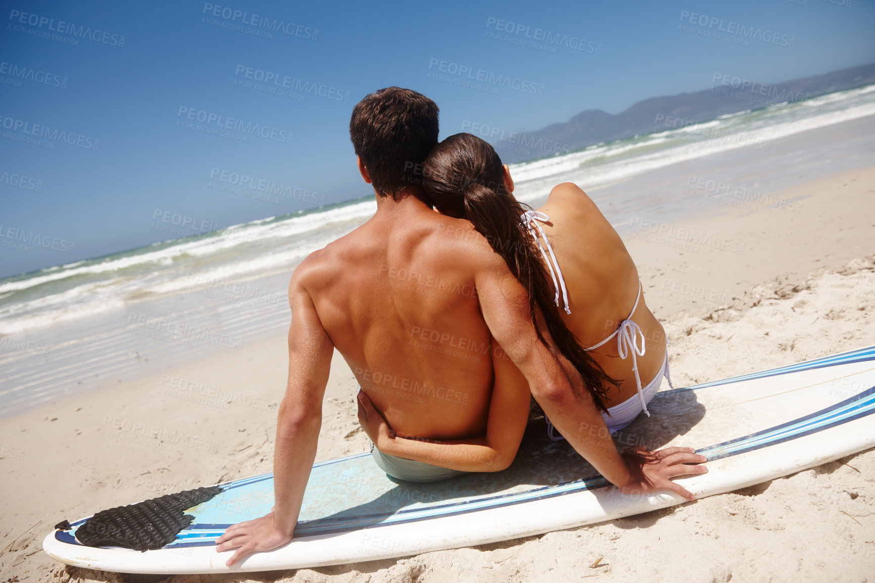 Buy stock photo Back, surfboard and beach with couple, holiday and travel with honeymoon, view and relationship. Seaside, relax and man with woman and surfer with sunshine and vacation with getaway trip and marriage