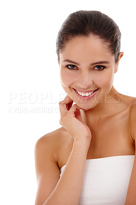 Buy stock photo Woman, portrait and smooth skin in studio, cosmetics and skincare for beauty on white background. Female person, mockup space and satisfaction for facial treatment, dermatology and confident for glow