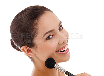 Buy stock photo Woman, portrait and brush for powder in studio, makeup and foundation on white background. Female person, smile and apply cosmetics for beauty, makeover and transformation or tool for treatment