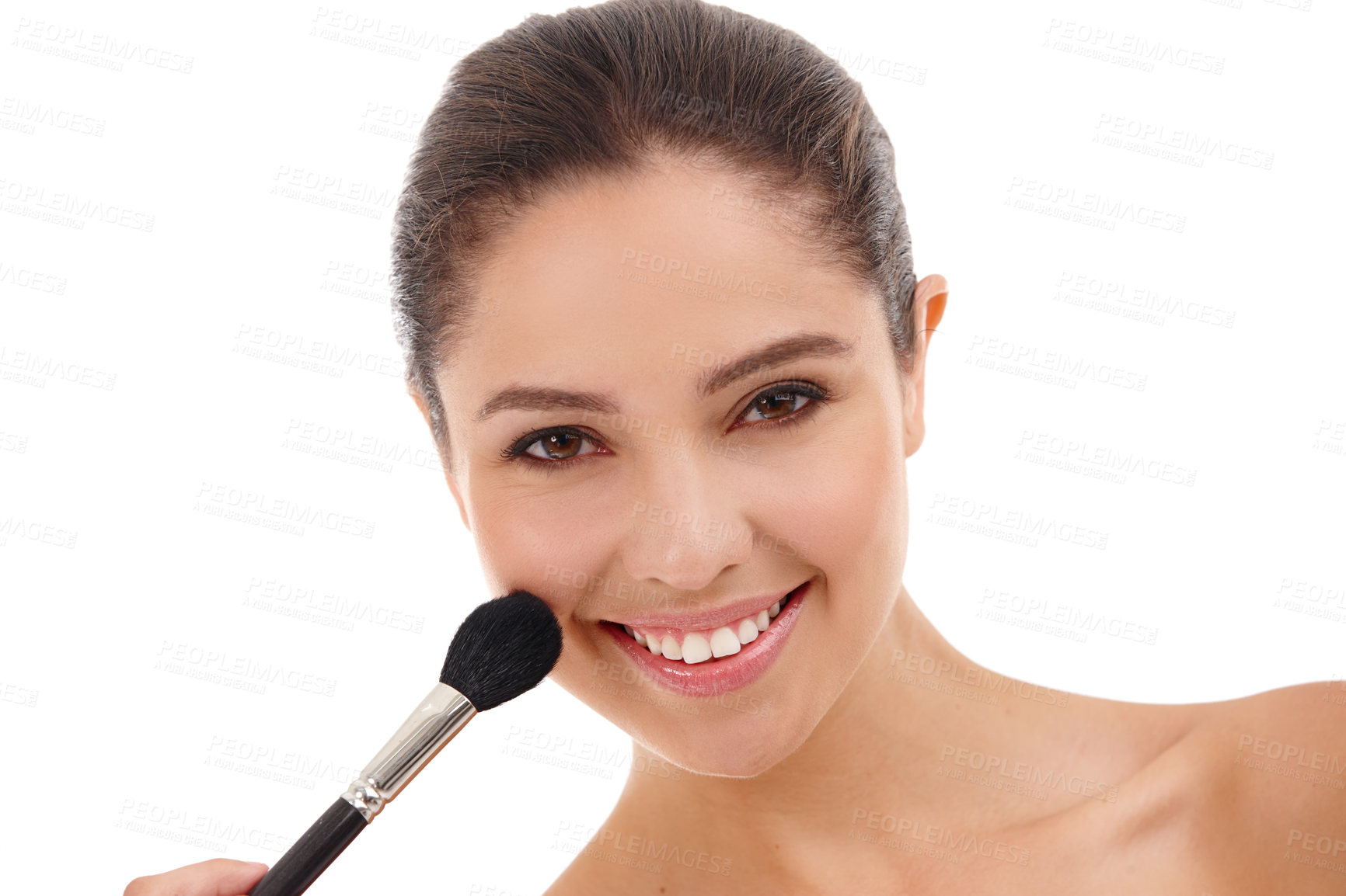 Buy stock photo Woman, portrait and brush for contour in studio, makeup and foundation powder on white background. Female person, smile and apply cosmetics for beauty, makeover and transformation or facial treatment