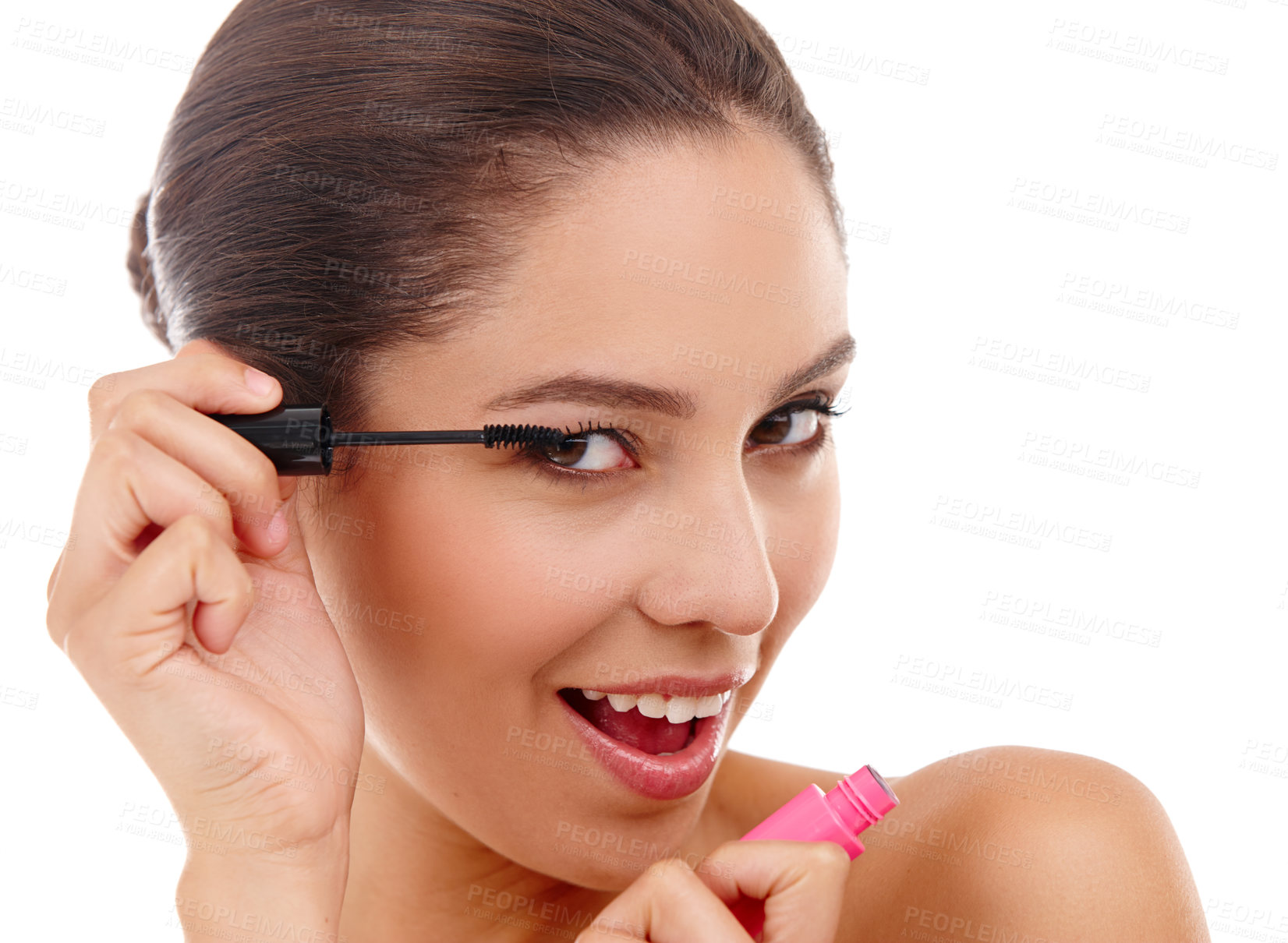 Buy stock photo Woman, portrait and mascara for eyelashes in studio, skincare and cosmetics on white background. Female person, mockup space and confident in dermatology, brush and wand for application and beauty