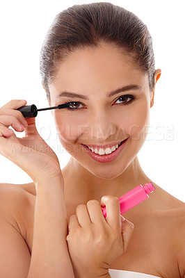 Buy stock photo Woman, portrait and mascara for volume in studio, skincare and cosmetics on white background. Female person, mockup space and confident in dermatology, brush and wand for application and beauty