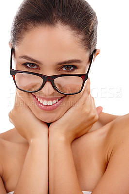 Buy stock photo Woman, portrait and glasses in studio for ophthalmology, lens and confidence for frame or eyewear. Female person, eyecare and smile for eye insurance on white background, optometry and prescription