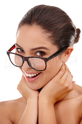 Buy stock photo Woman, portrait and glasses in studio for sight, lens and confidence for frame or eyewear. Happy female person, eyecare and smile for eye insurance on white background, optometry and prescription