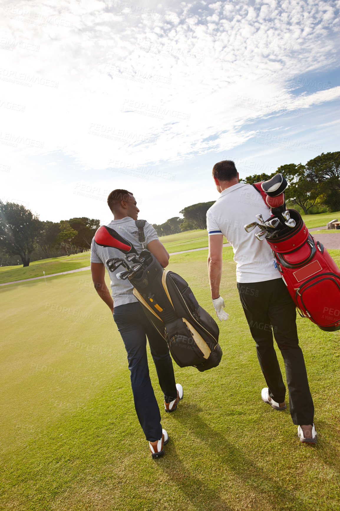 Buy stock photo Sports, golf and men on field walking for game, match and competition on golfing course. Recreation, hobby and athlete friends with club driver on grass for training, fitness and practice outdoors