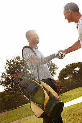 Buy stock photo Happy man, friends and handshake with golfer for competition, match or outdoor game on green grass. Young male person or people shaking hands for friendly sport or meeting together on golf course