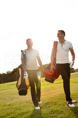 Buy stock photo Sports, golf and friends on field walking for game, match and competition on golfing course. Recreation, hobby and athlete men with club driver on grass for training, fitness and practice outdoors