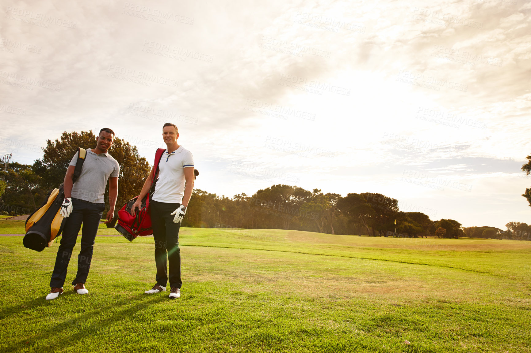 Buy stock photo Sports, golf and portrait of men on field walking for game, match and competition on golfing course. Recreation, hobby and friends with club driver on grass for training, fitness or practice outdoors