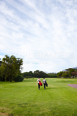 Buy stock photo People, ready and golf course for professional sport and walking on grass for training with mockup on field. Athlete, talking and friends with golfing equipment for game and together for exercise