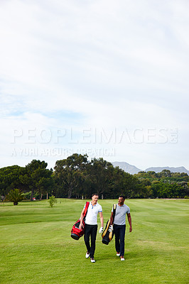 Buy stock photo Sports, golf and friends on field for game, match and competition on golfing course. Recreation, hobby and men walking with club driver on grass for training, fitness and practice outdoors for fun