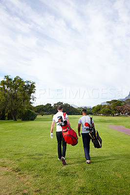 Buy stock photo Sports, golf and men on grass walking for game, match and competition on golfing course. Recreation, hobby and athlete friends with club driver on field for training, fitness and practice outdoors