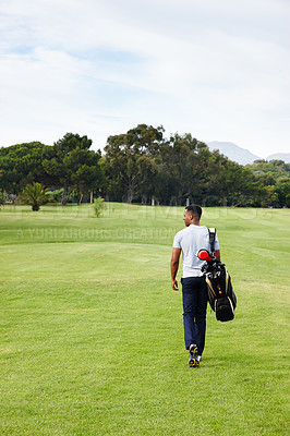 Buy stock photo Sports, man and walking on golf course with bag or athlete outdoor on luxury holiday or vacation. Grass, field and exercise in summer on lawn with person in countryside for training or workout