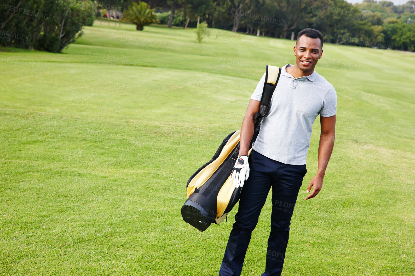 Buy stock photo Sports, man and portrait on golf course with athlete outdoor on luxury holiday or vacation at club. Grass, field and exercise in summer on lawn with person in countryside for training or workout