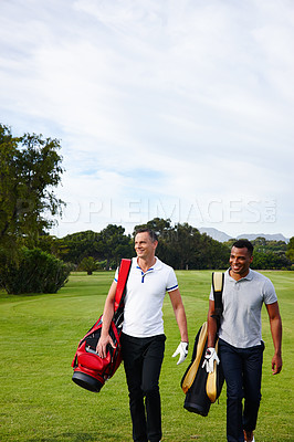 Buy stock photo Men, walking and golf course for professional sport, happy and training together with commitment on field. Athlete, fitness and player by golfing equipment for game and outdoor to exercise on grass