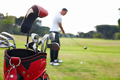 Buy stock photo Player, man and club set on golf course for swing, training and professional sport on field. Person, learning and practice for golfer on ball shot, driver and outdoor performance or golfing exercise