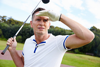 Buy stock photo Man, outdoor and looking for ball in golf game on course to see progress in sport or competition. Athlete, search distance or find target practice on turf of club or person thinking about lost shot