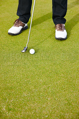 Buy stock photo Feet, club and ball for sports on golf course, training and practice for competition or tournament. Closeup, shoes and grass for outdoor challenge and exercise, low angle and professional athlete