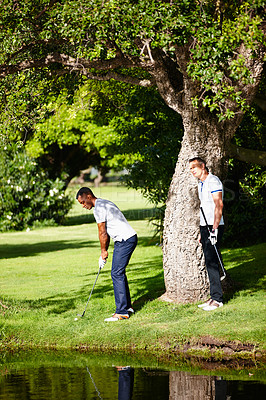 Buy stock photo Summer, sport and friends on course for golf game or practice together at club in nature. People, training and playing on grass on luxury holiday or vacation in countryside with exercise or challenge