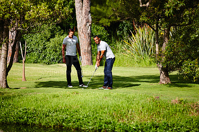Buy stock photo Summer, sport and friends on course for golf game or practice together at club in nature. People, training and playing on grass on luxury holiday or vacation in countryside with exercise or challenge