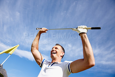 Buy stock photo Happy man, winning and golfer with club in celebration for victory, achievement or point with blue sky. Excited male person or sports player with smile for score, par or hole in one at golf course