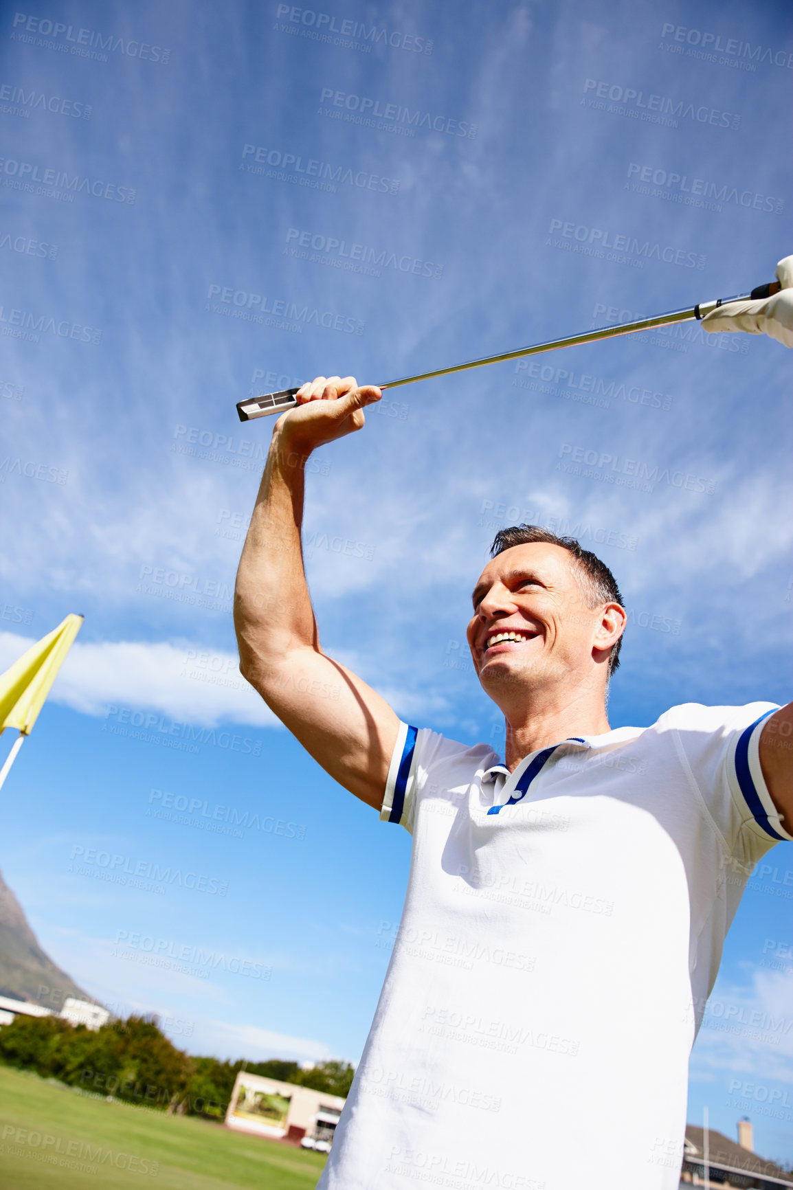 Buy stock photo Happy man, golfer and celebration with club for winning, sports or goal on outdoor field or green grass. Excited male person or golf player with smile or enjoying fun game, victory or point in nature