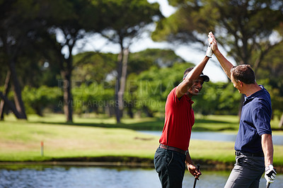 Buy stock photo Excited man, high five and celebration with golf course for winning, point or score in outdoor nature. Male person, friends or people touching with smile for teamwork, victory or match on grass field