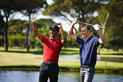 Buy stock photo Happy man, golfer and celebration with club for winning, point or score in outdoor nature. Young male person, friends or people with smile for teamwork, victory or match on grass field or golf course